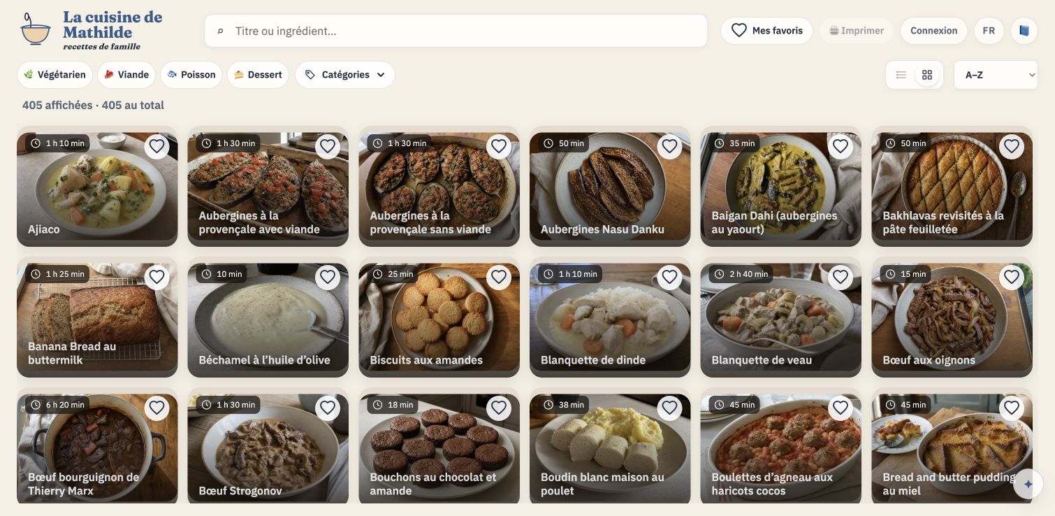 Mathilde Recipes gallery showing recipe photographs, search and category filters.
